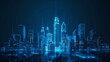 © wanna - Abstract futuristic city skyline with glowing hologram buildings on a dark blue background
