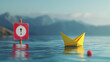 © road to millionaire - A bright yellow paper boat floats near a no-entry sign in calm waters with mountains in the background, depicting limitations