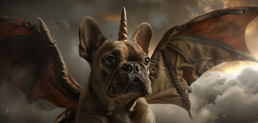 A dog exhibiting characteristics of a dragon, featuring a dragon-like head and wings on its back