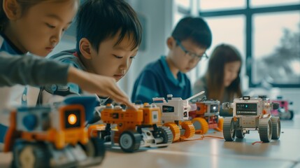 Sticker - Asian children engaged in creative play with colorful robotic toys at a modern tech center.