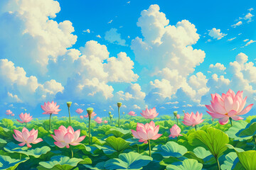 Wall Mural - Illustration of pink lotus flowers in full bloom under a sunny blue sky