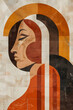 A vintage inspired Art Deco style illustration of a female portrait in terracotta and white with abstract, geometric shapes and distressed texture