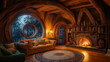 Hobbit house with classic wood interior with fireplace indoor look outside