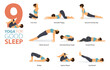 9 Yoga poses or asana posture for workout in good sleep concept. Women exercising for body stretching. Fitness infographic. Flat cartoon 