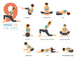 9 Yoga poses or asana posture for workout in hip love concept. Women exercising for body stretching. Fitness infographic. Flat cartoon.