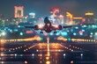 Blurred motion of a plane taking off at night from airport runway. Concept Night Photography, Blurred Motion, Airplane Taking Off