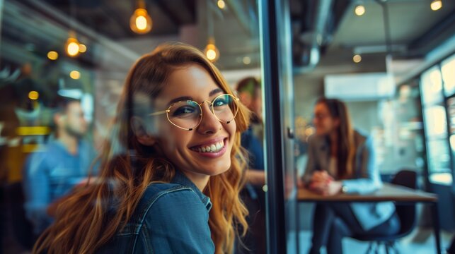 A cheerful young woman with glasses smiling at the camera, inside a modern cafe.