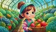 oil painting style CARTOON CHARACTER CUTE baby Happy STRAWBERRIES, standing in a greenhouse,