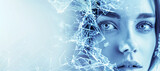 Fototapeta  - A woman's face is shown in a blue background. The image has a futuristic and abstract feel to it, with the woman's face being focus. young woman with face, composed of shattered neuronal network
