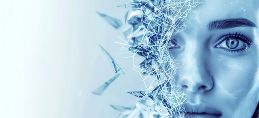 Wall Mural - A woman's face is shown in a blue background. The image has a futuristic and abstract feel to it, with the woman's face being focus. young woman with face, composed of shattered neuronal network