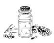 Lavender Oil bottle Vector line art. Black and white drawing of medicinal flower extract. Outline illustration of essential cosmetic. Sketch on isolated background. Hand drawn editable clipart