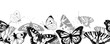 Butterfly Vector seamless Border. Black and white line art drawing of vintage pattern with wings. Beautiful insects sketch. Hand drawn for cards design. Outline illustration on transparent background