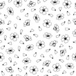 Small Flowers Vector seamless Pattern. Hand drawn Ditsy print. Outline illustration of white floral background. Tiny petals flying black line art drawing. Sketch liberty and elegant motif for fabrics