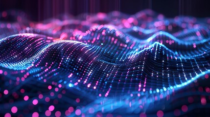 Wall Mural - Dynamic cyber big data flow: blockchain networks intersecting with ai technology and digital communication. Vibrant 3d illustration of music waves and science research