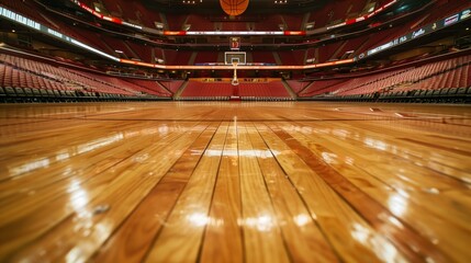 Ground-level view of an empty basketball arena with shiny wooden floor and seats all around.