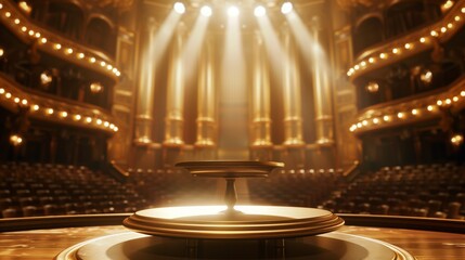 Canvas Print - An elegant theater interior with a grand podium illuminated by spotlights and plush seating.