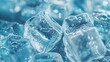 Close-up of translucent ice cubes with water droplets, reflecting a cool blue hue.