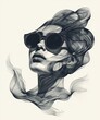 Artistic Monochrome Illustration of Woman with Sunglasses and Flowing Hair