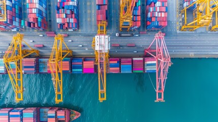 Canvas Print - Aerial view of a busy shipping port with containers and cranes loading cargo ships.