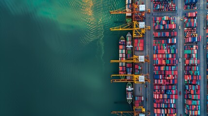 Canvas Print - Aerial view of a busy shipping port with stacked containers and cranes alongside a docked ship.