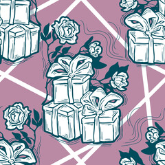 Gift box, ribbon and flowers seamless vector pattern for wrapping present with bow, party celebration, sale promotion, Textile print, fabric design, banner background. Hand drawn style illustration.