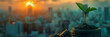 © nopommajun - A young sprout grows on top of stacked coins with the morning sun rising behind the city skyline depicting investment growth and success