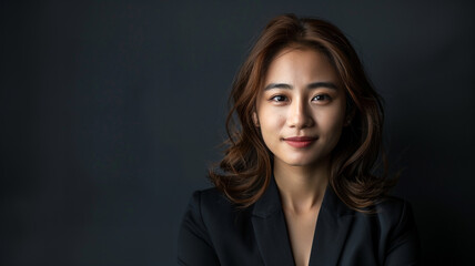 Beautiful asian business woman smiling portrait looking at camera on black background with copy space
