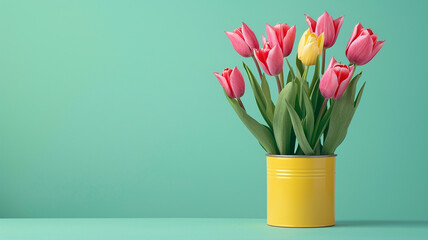 Wall Mural - Beautiful tulip flowers in yellow pot can on green background with wide copy space