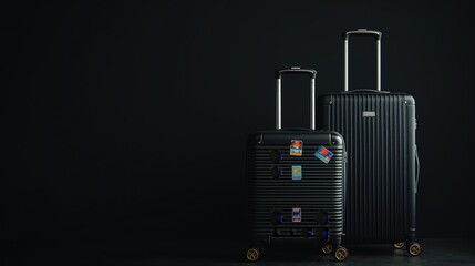 Wall Mural - Two modern suitcases with travel stickers on a dark background, illustrating travel readiness.