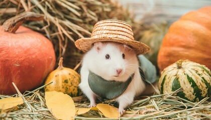 a cute fairytale hamster in a farmer`s outfit is gathering the harvest and preparing for winter. fun