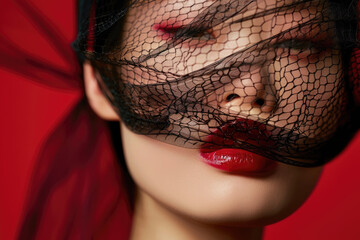 Poster - A closeup of the face of an Asian woman with red lipstick and a black mesh veil over her eyes in a high contrast, luxurious style against a burgundy background, focusing on her lips and eye makeup