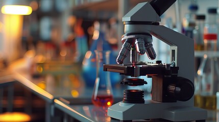 Scientist conducting research with microscope and lab glassware - science laboratory r&d concept