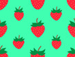 Seamless pattern with red strawberry on green background. Drawing of strawberries in a minimalist style. Strawberry design for wallpaper, wrapping paper and promotional items. Vector illustration