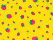 Seamless pattern with red strawberry on yellow background. Drawing of strawberries in a minimalist style. Strawberry design for wallpaper, wrapping paper and promotional items. Vector illustration