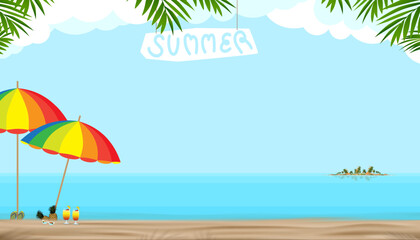 Wall Mural - Summer background,Tropical sand beach background with sea waves,Hat,Sunglasses,flip flops,Pineapple,Beach Umbrella,Holiday banner.Background for Travel vacation,copy space for text