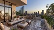 Moroccan-inspired rooftop lounge with mosaic tile flooring, cushioned seating areas, and panoramic city views.