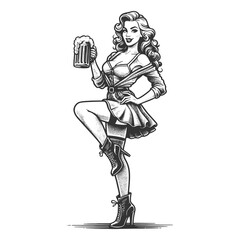 Wall Mural - attractive pin-up style women with beer glass mug evoking classic Americana vibes sketch engraving generative ai fictional character raster illustration. Scratch board imitation. Black and white image