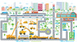 Stadtsilhouette Panorama Übersicht mit Baustelle und Verkehrswesen, Illustration