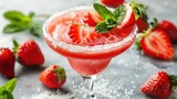 Fototapeta Boho - Strawberry margarita served in a salt-rimmed glass with a wedge of fresh strawberry and a sprig of mint for garnish.