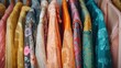 A close-up of colorful ethnic clothing with intricate patterns hanging side by side..