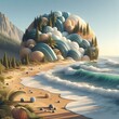 A coastal inspired background of sandy beaches and rolling waves