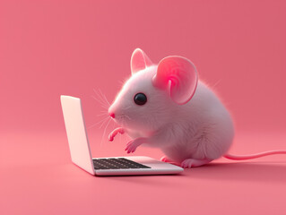 Canvas Print - A Cute 3D Mouse Using a Laptop Computer in a Solid Color Background Room