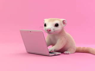 Wall Mural - A Cute 3D Ferret Using a Laptop Computer in a Solid Color Background Room