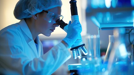 a focused scientist in a lab coat and safety glasses is conducting experiments in a well-equipped re