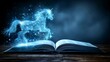 A blue unicorn emerges from a book. An open book with magical creatures leaping out, leaving room for dialogue on the surprise elements of storytelling