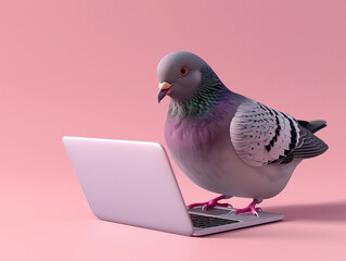 Canvas Print - A Cute 3D Pigeon Using a Laptop Computer in a Solid Color Background Room