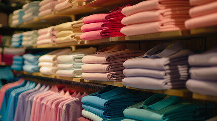 Stack of a lot of folded clothes background. Polo shirts in colorful pastel colors were displayed on wooden shelves and hanging on racks in a clothes shop, side view.