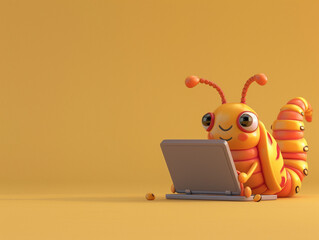 Wall Mural - A Cute 3D Caterpillar Using a Laptop Computer in a Solid Color Background Room
