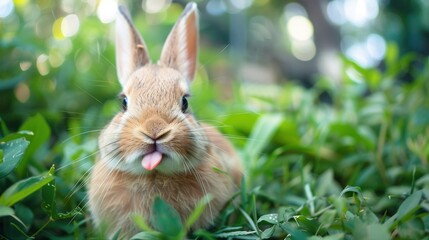 Wall Mural - A cute Rabbit in the grass looks directly into the camera and sticks out his tongue