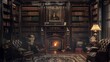 Victorian Gothic-inspired library with dark wood bookshelves, leather armchairs, and a cozy fireplace.